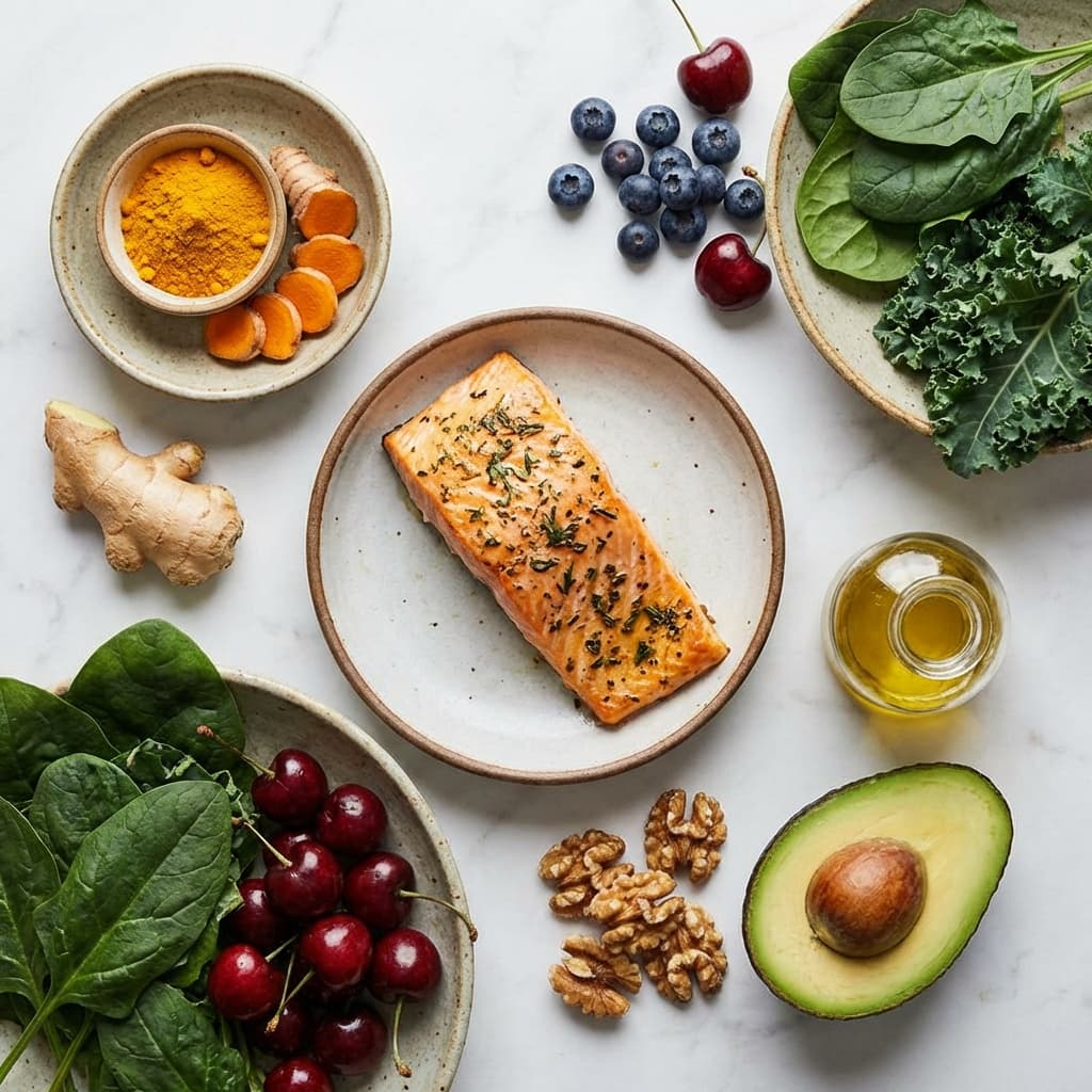 Anti-inflammatory foods including salmon, turmeric, ginger, berries, and leafy greens