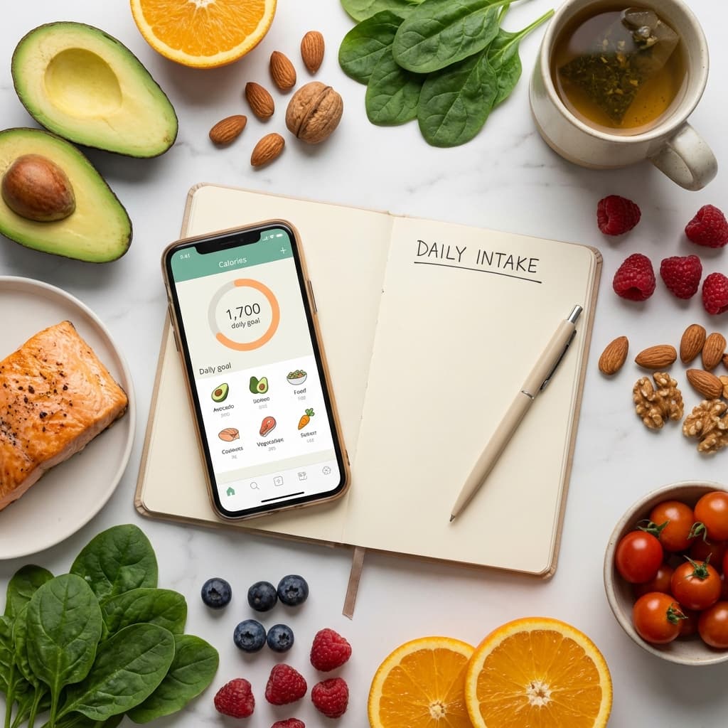 Person calculating daily calorie needs with healthy food and a smartphone