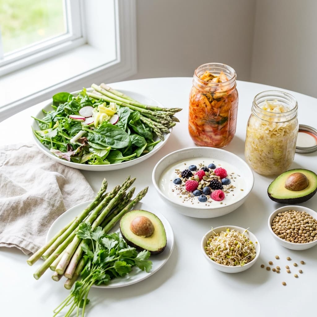 Fresh salad, fermented foods, yogurt bowl, and avocado with sprouted grains