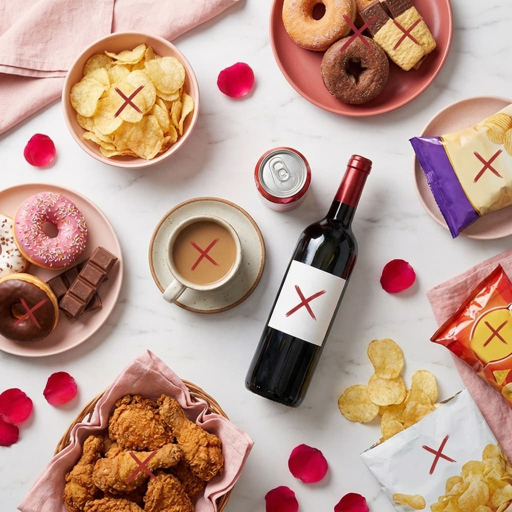 Foods to avoid during your period including coffee, alcohol, chips, fried foods, and sugary snacks