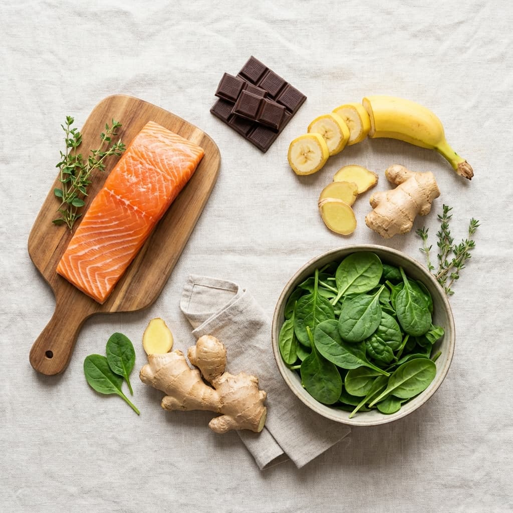 Healthy foods that help with period cramps including bananas, salmon, and dark chocolate