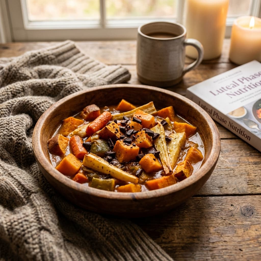 Warm roasted root vegetables with dark chocolate and comfort foods
