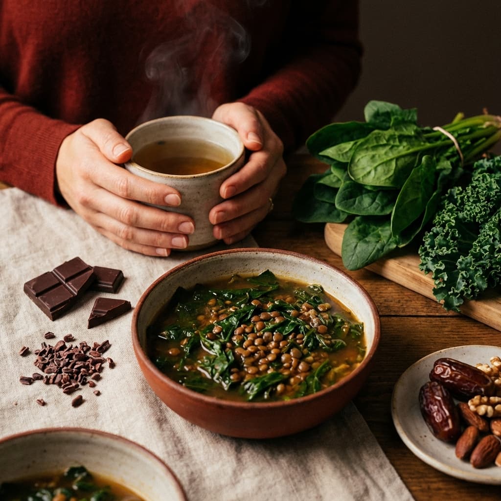 Cozy scene with herbal tea, iron-rich foods, and warm lentil soup